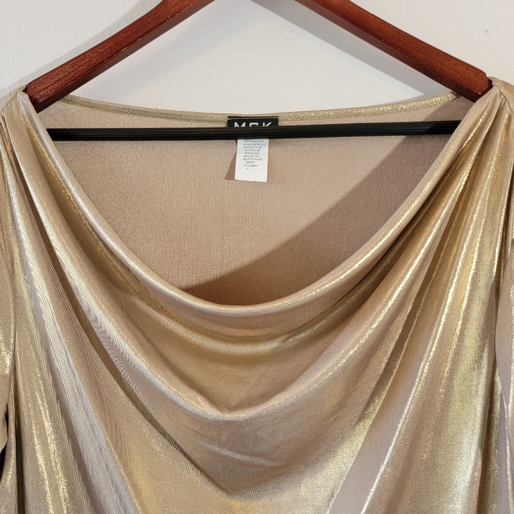 VTG MSK Gold Metallic Draped Long Sleeve Top Sz XL Minimalist Casual Glam Party - Picture 3 of 9